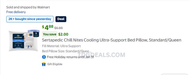 SERTA COOLING PILLOW UNDER $5