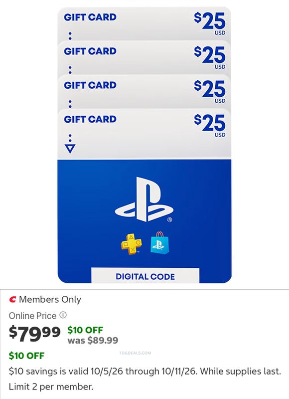 20% OFF PLAYSTATION GIFT CARDS AT COSTCO, $100 FOR $79.99