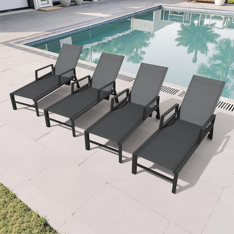Crestlive Products - 4-Piece Adjustable Aluminum Metal Armrest Outdoor Chaise Lounge in Black