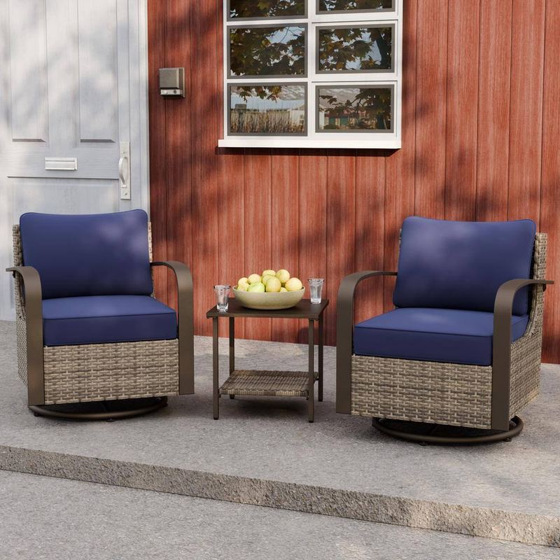 EAGLE PEAK - 3-Piece Wicker Outdoor Rocking Chair Patio Conversation Set Swivel Chairs with Blue Cushions and Side Table
