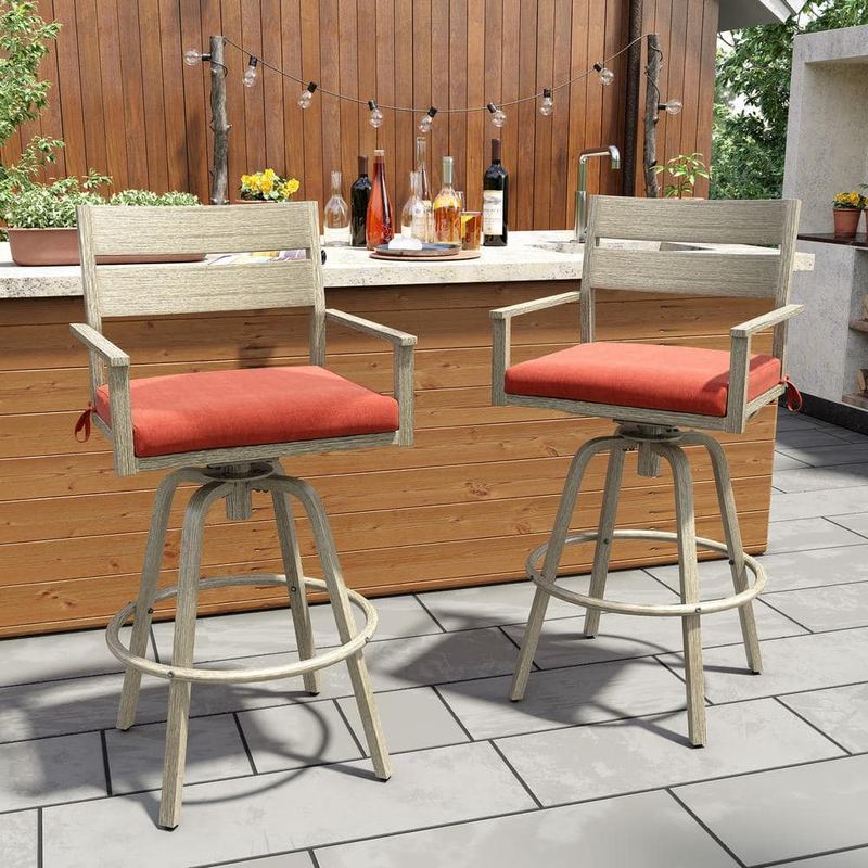 Crestlive Products - Aluminum Outdoor Bar Stool Wood Patterned Frame with Sunbrella Red Cushion (2-Pack)