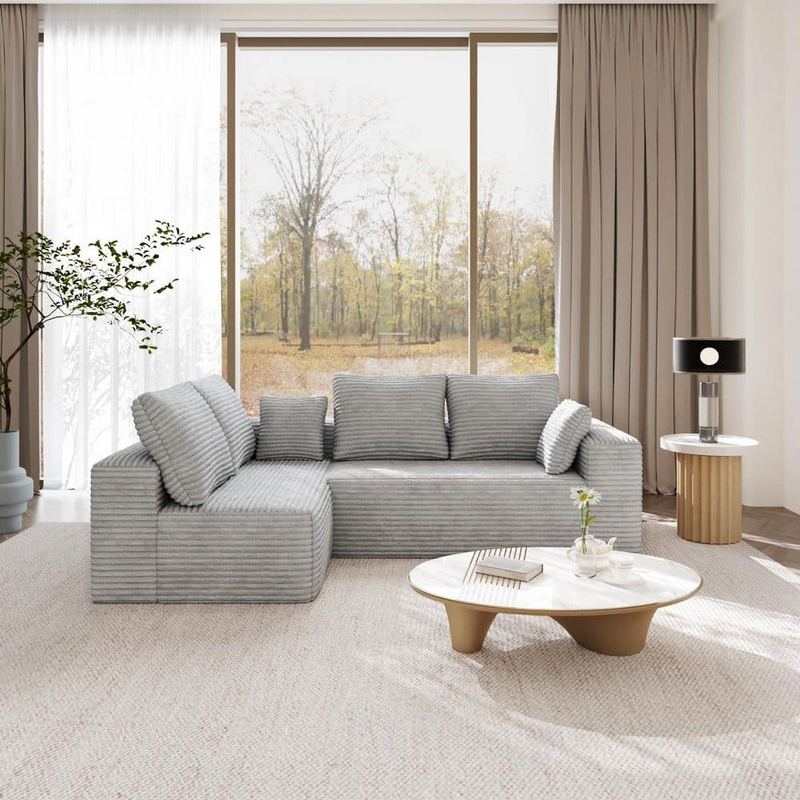 Magic Home - 134 in. Square Arm 2-Piece Corduroy L-Shaped Modular Boneless Sectional Sofa with Chaise Longue, Pillows in Gray