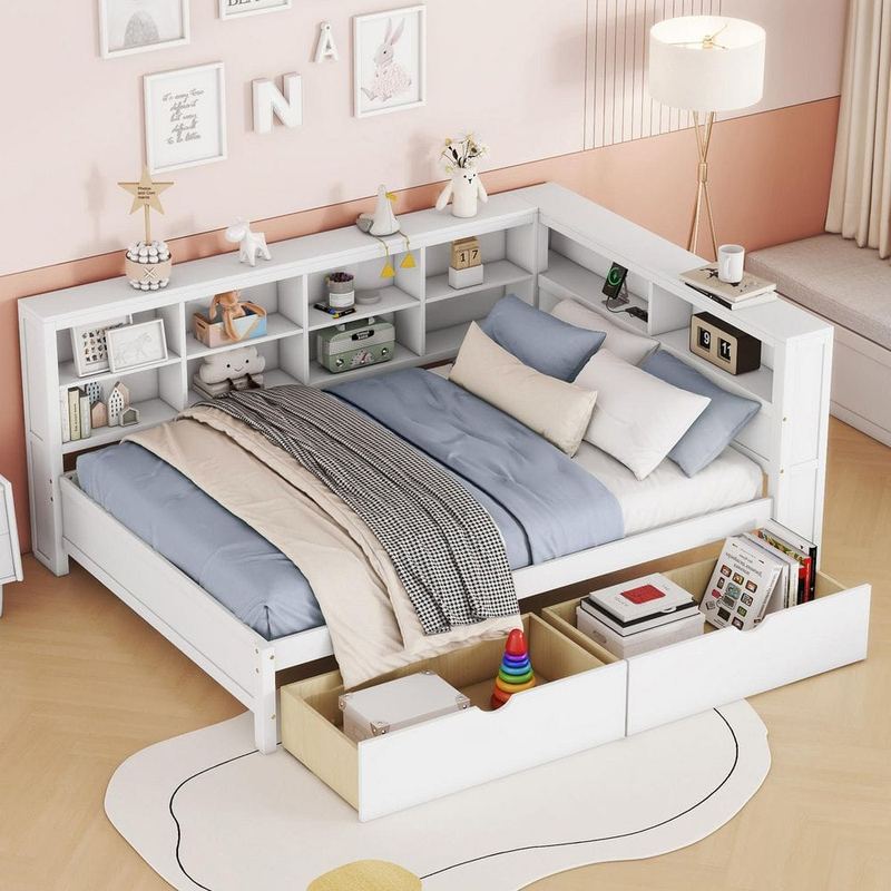 Nestfair - White Full Daybed with 2 Drawers, Storage Shelf and USB Charging Ports