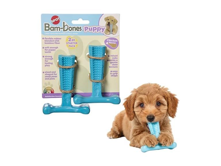 SPOT Bam-Bones Puppy T-Bone Dog Chew Toys, 2PK Blue