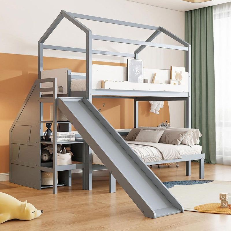 Polibi - Gray/White Twin over Twin Bunk Bed with Slide and Storage Staircase