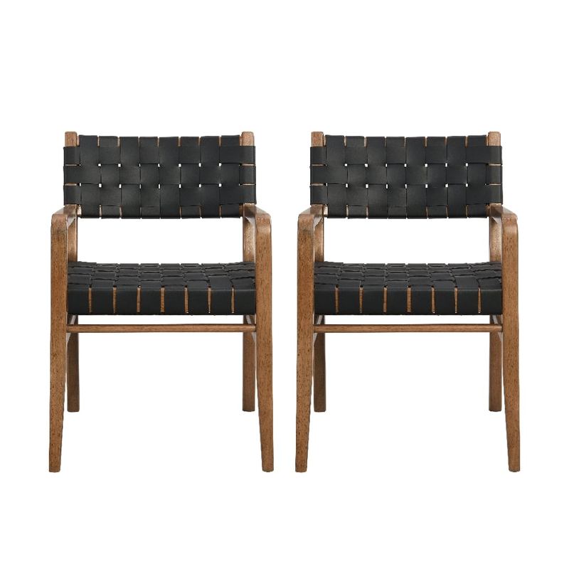 Loheer - PU Leather Dining Chairs Set of 2 Industrial Modern Rubberwood - Black