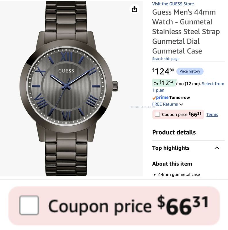 $66.31 GUESS MEN'S 44MM GUNMETAL WATCH WAS $124.80