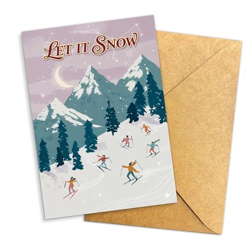 (5.3x8in) Let It Snow Christmas Greeting Card with Skiers and Mountain Illustration, Winter Wonderland Holiday Card with Moonlit Scene, Festive Seasonal Stationery for Friends, Coworkers (Xmas 5)