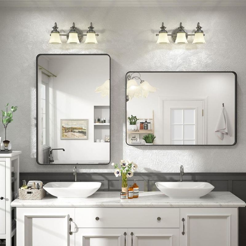 Apmir - 2 Pieces 24 in. W x 36 in. H Rectangular Tempered Glass and Aluminum Alloy Framed Wall Bathroom Vanity Mirror in Black