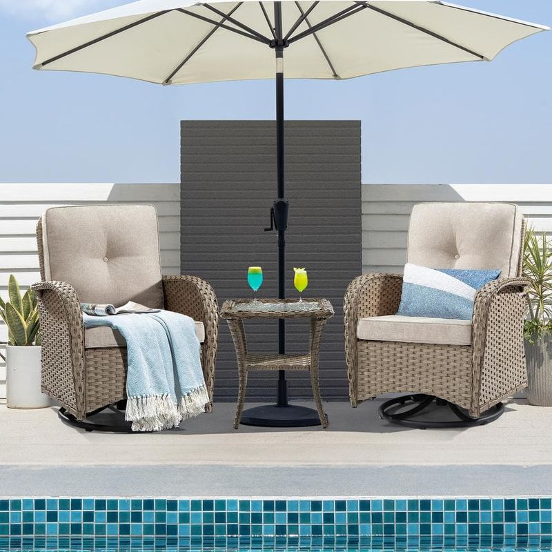 Gardenbee - 3-Pcs Light Brown Wicker Outdoor Rocking Chair Patio Conversation Set Swivel Chairs with Beige Cushions and Table