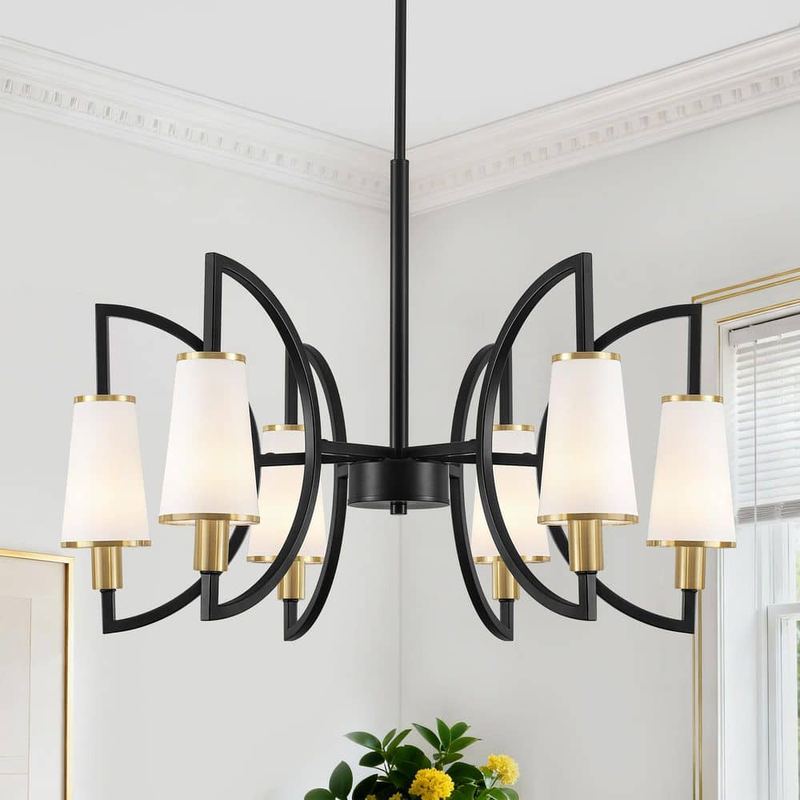 ZSMIHDOH - 6-Light Black Farmhouse Geometric Chandelier with White Fabric Shades