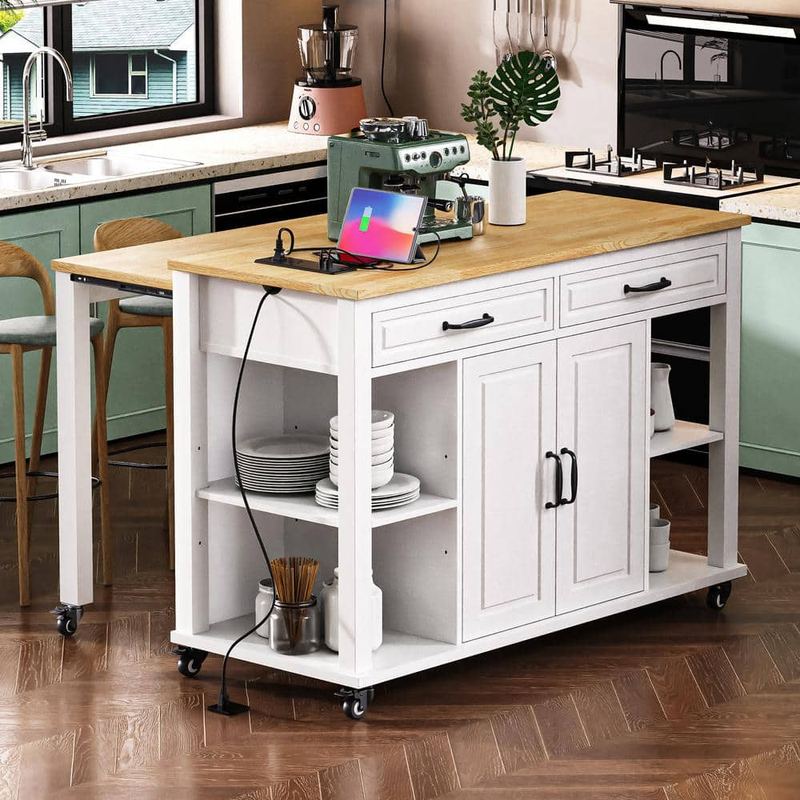 Nestfair - White Wood 47.2 in. Rolling Kitchen Island with Extendable Dining Table, 2-Drawers, Power Outlet and Open Storage