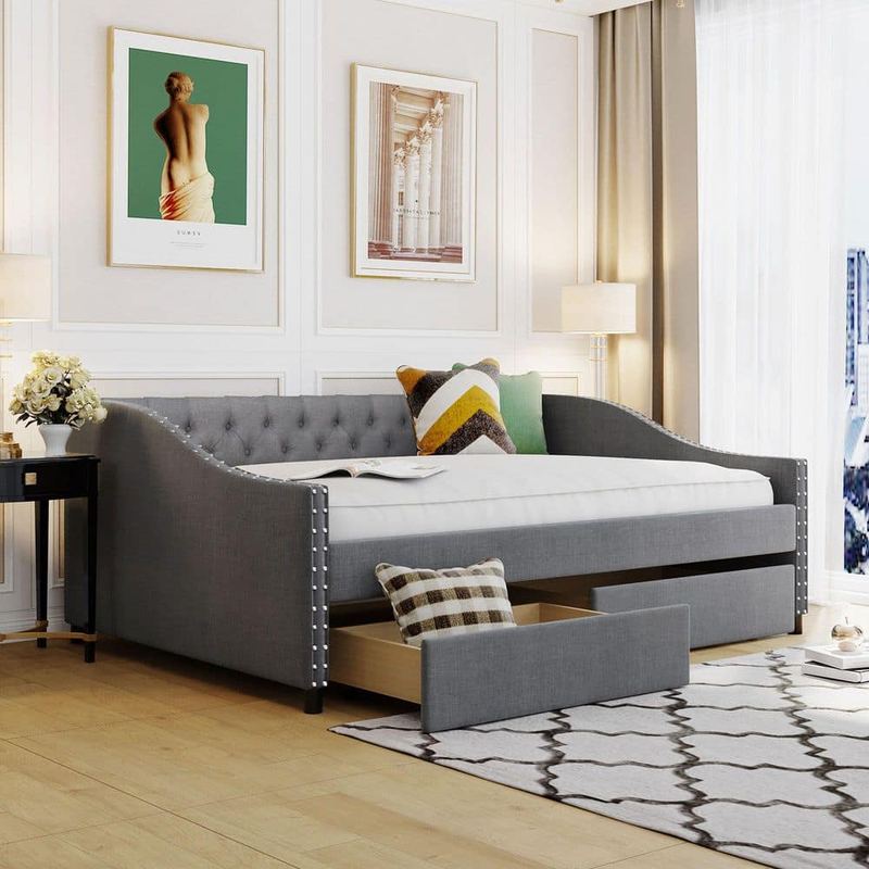 Nestfair - Gray Full Linen Fabric Upholstered Daybed with 2-Drawers