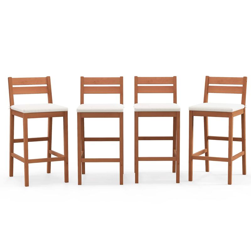 Gymax - Patio Eucalyptus Wood Bar Stools Set of 4 Outdoor Bar Height Patio Chairs w/ Cushions - White, Natural