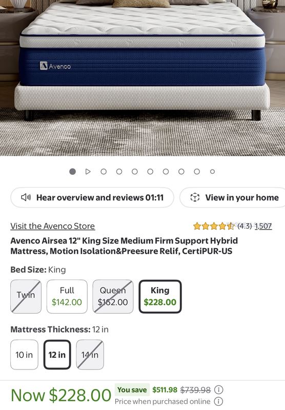KING HYBRID MATTRESS FOR $228