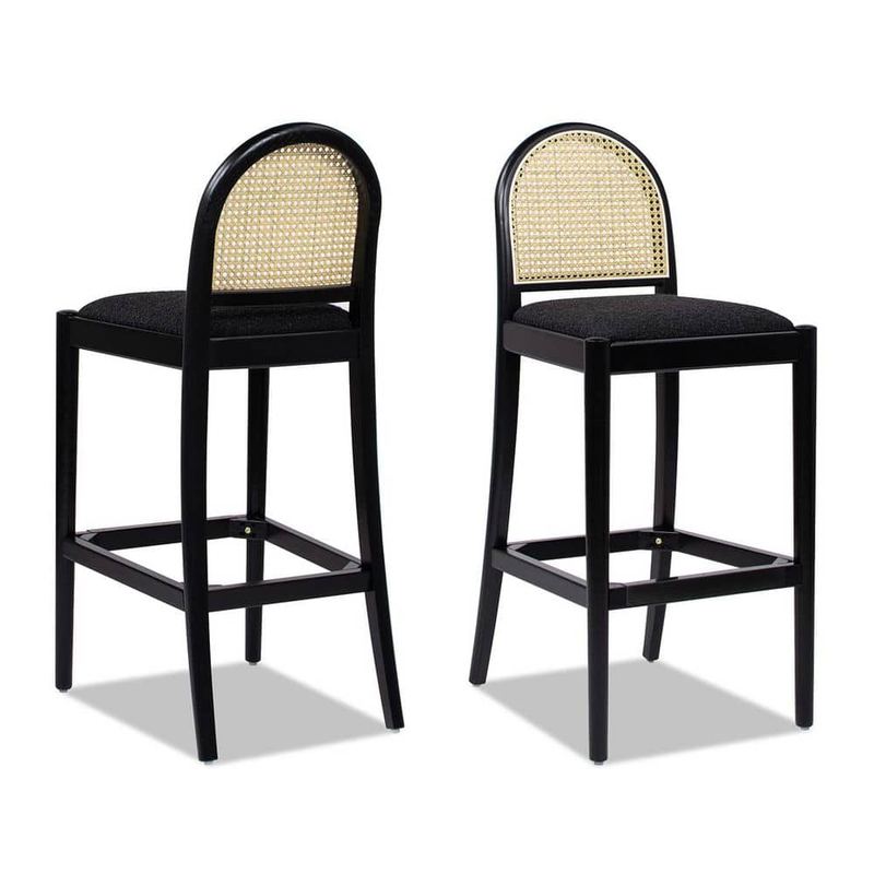 Jennifer Taylor - Panama 30.5 in. Curved Back Cane Rattan Bar Stool, Set of 2, Ebony Black Boucle