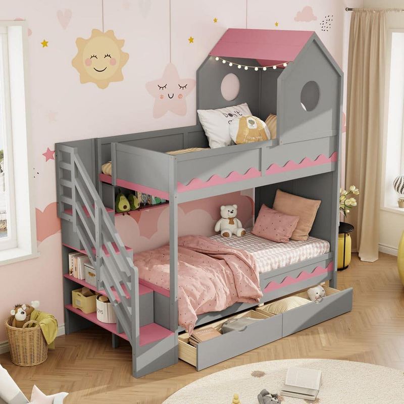 Polibi - Gray Twin Size Kids Bed with House and Drawer