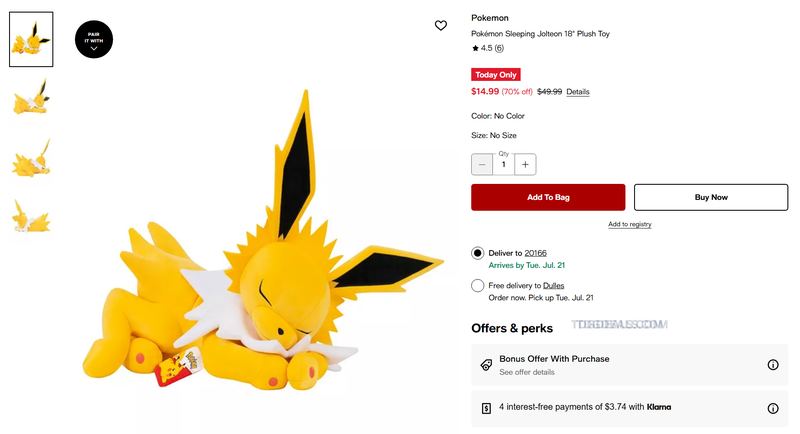 😴 Pokémon Sleeping Jolteon 18" Plush — $14.99 (70% Off)