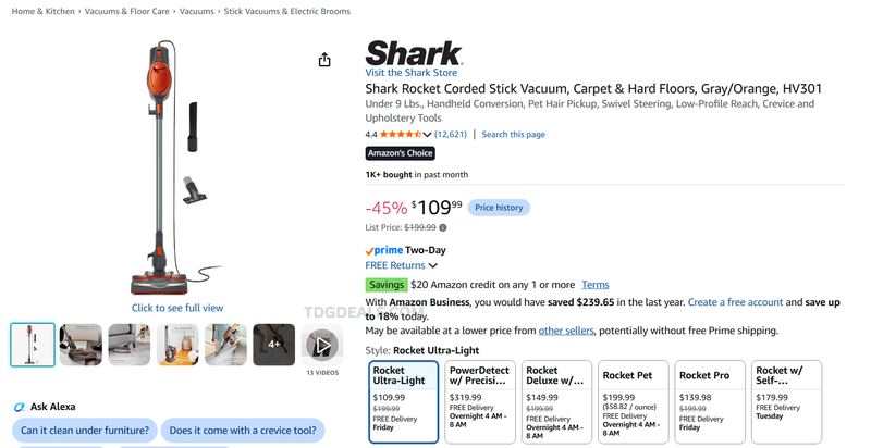 SHARK ROCKET CORDED STICK VACUUM — $109.99