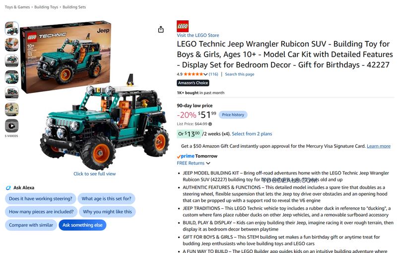 LEGO TECHNIC JEEP WRANGLER — $51.99