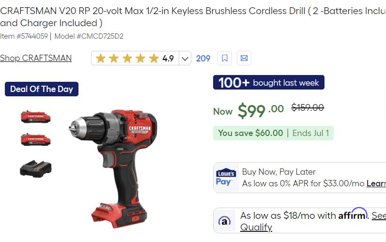 $159.00 -CRAFTSMAN V20 Max 1/2-in Cordless Drill (2 Batteries+Charger Included)