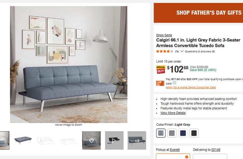 Calgiri 66.1 in. Light Grey Fabric 3-Seater Armless Convertible Tuxedo Sofa