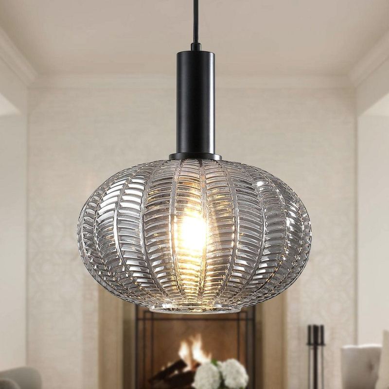 HLJYNJM - 1-Light Black and Smoked Gray Modern Globe Adjustable Glass Pendant Light for Kitchen Island with No Bulbs Included
