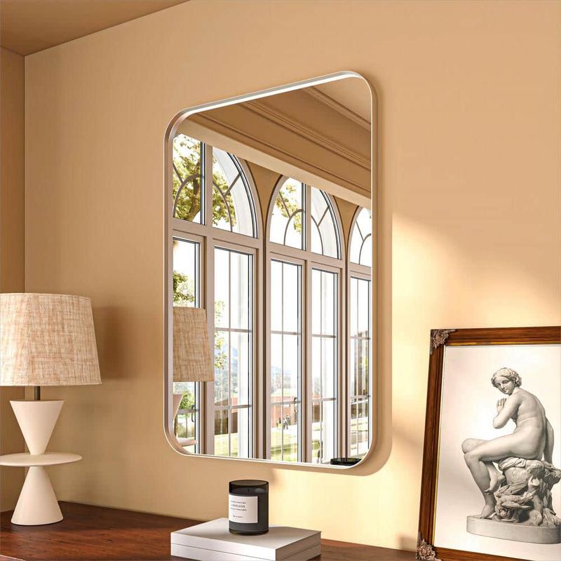 ORGANNICE - 24 in. W x 36 in. H Rectangular Aluminum Framed Modern Silver Rounded Wall Mirror