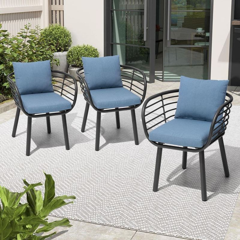 Crestlive Products - (3-Pack) Aluminum Outdoor Dining Chair Patio Dining Chairs Fade-Resistant Sunbrella Textilene 3.1 in. T Blue Cushions