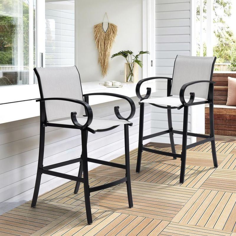 Pellebant - Black Aluminum Outdoor Leisure Sunbrella Outdoor Bar Stool in Augustine Oyster (Pack of 2)