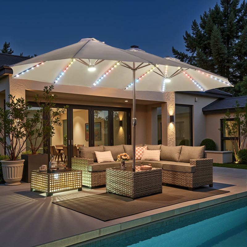 Ovios - 15ft Large Patio Umbrella with Base Outdoor Market Umbrella with Color-Changing Solar LED Lights - White