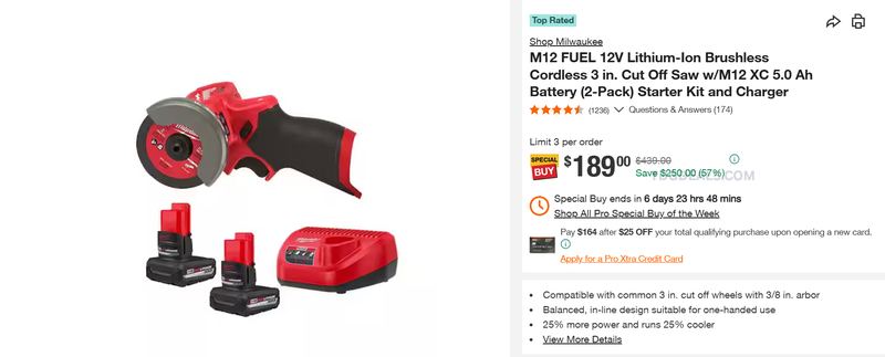MILWAUKEE M12 FUEL 3" CUT OFF SAW KIT — $189