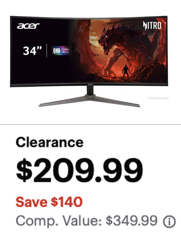 $349.99 ACER NITRO 34" CURVED QHD FOR $209.99