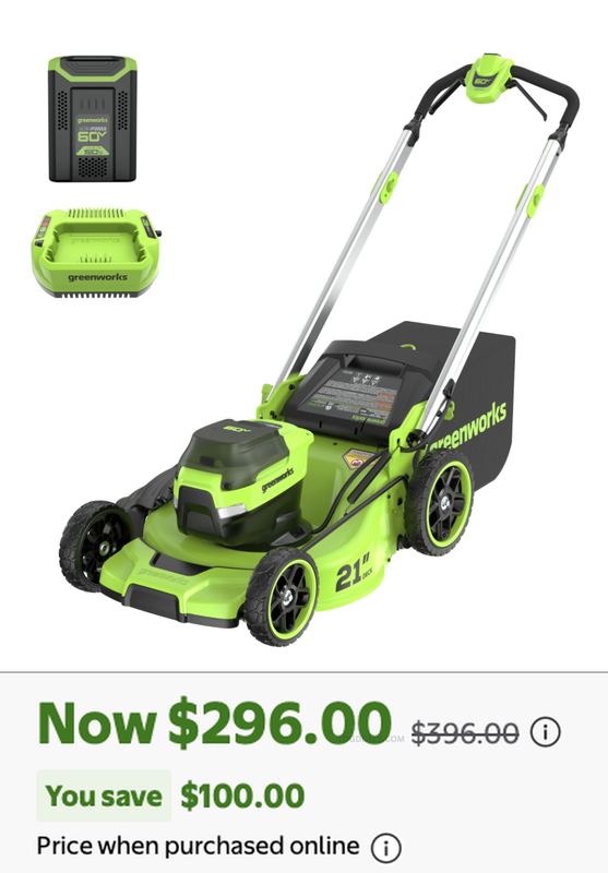 $296 GREENWORKS PUSH LAWN MOWER @ WALMART