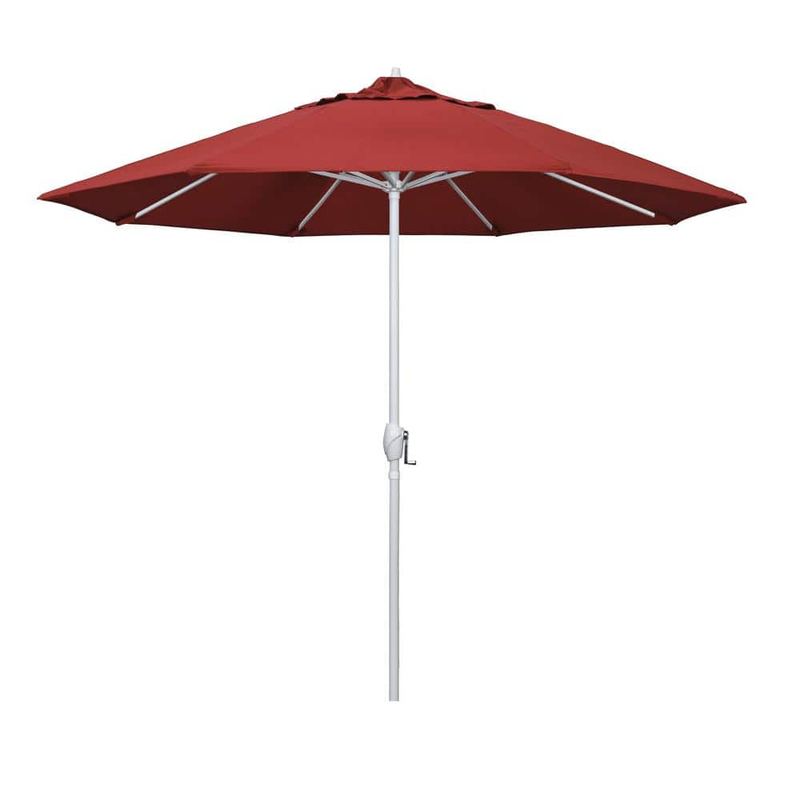 California Umbrella - 9 ft. Matted White Aluminum Market Patio Umbrella Auto Tilt in Red Olefin