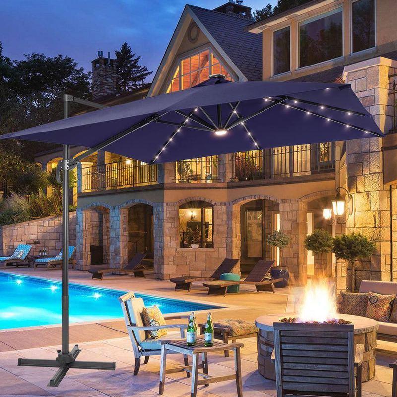 JOYESERY - 10ft. Offset LED Patio Umbrella Outdoor Hanging Umbrella,50 Plus UV Protection Cantilever Outside Umbrellas in Navy Blue