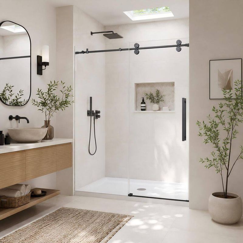 Velusian - 56 in.-60 in. W x 74 in. H Sliding Frameless Shower Door in Matte Black Finish with Tempered Clear Glass