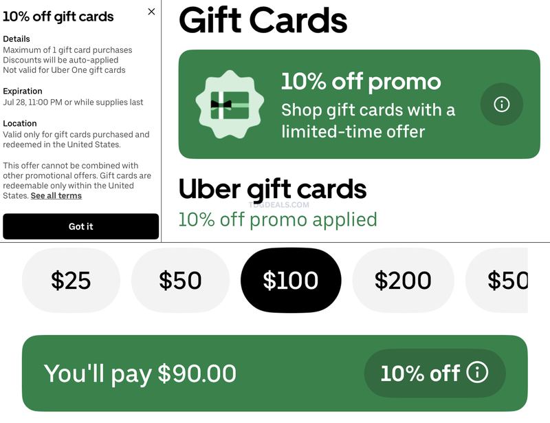 10% OFF ON UBER GIFT CARDS (SELECT USERS)