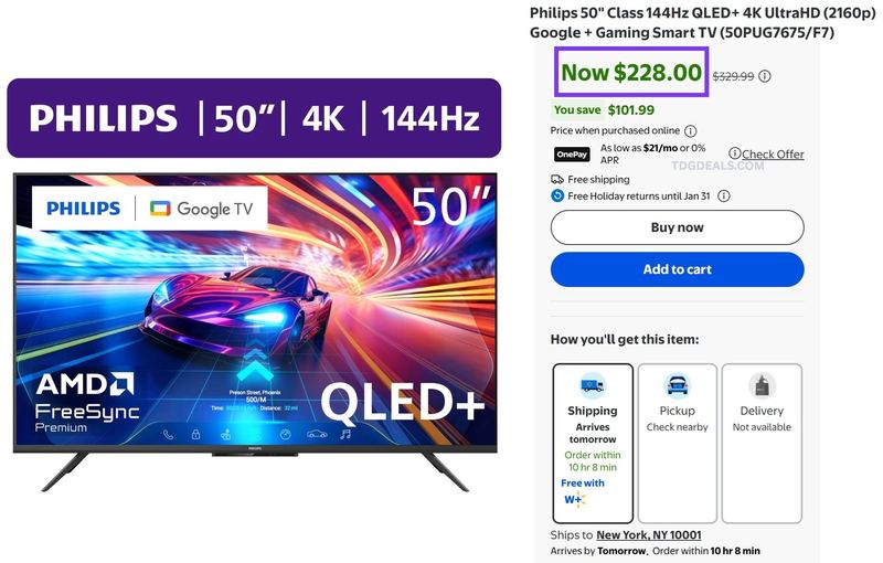 $329.99 PHILIPS 50" QLED+ 4K GOOGLE GAMING TV FOR $228