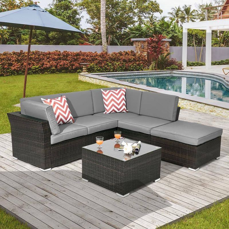 JOYESERY - 4-Pieces PE Rattan Wicker Outdoor Conversation Sectional Sofa Sets With Tempered Glass Table with Gray Cushions