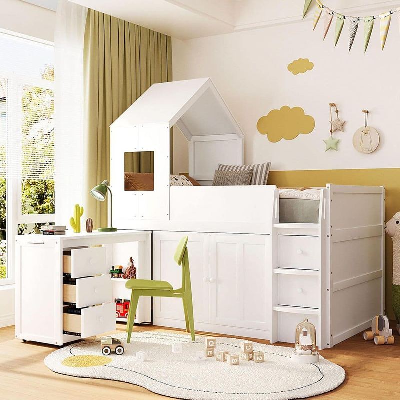 Harper & Bright Designs - White Twin Size Wood House Shaped Loft Bed with Ladder, 5 Drawers, Pull-out Desk and Cabinet
