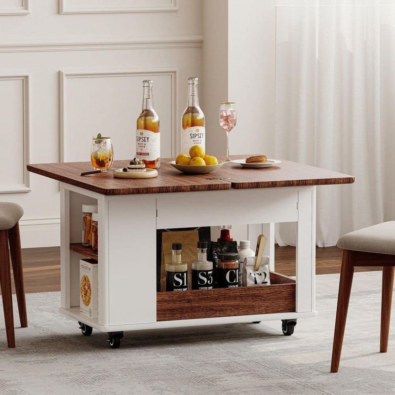 Polibi - 27.6 in. Walnut\White Rectangle MDF Wood Coffee Table with Foldable Top, Casters and Multi-Tier Storage