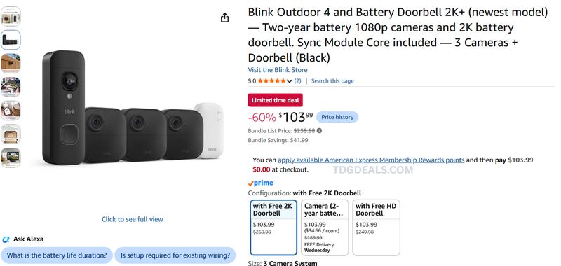 BLINK OUTDOOR 4 3-CAM + 2K DOORBELL BUNDLE — $103.99