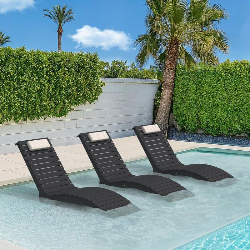 Hotormer - Black HDPS Plastic Outdoor Chaise Lounge UV Protection Waterproof Pool Lounge Chairs with Headrest Set of 3