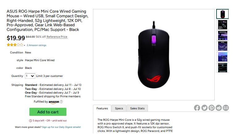 ASUS ROG Harpe Mini Core Wired Gaming Mouse – Wired USB, Small Compact Design, Right-Handed, 52g Lightweight, 12K DPI, Pro-Approved, Gear Link Web-Based Configuration, PC/Mac Support - Black