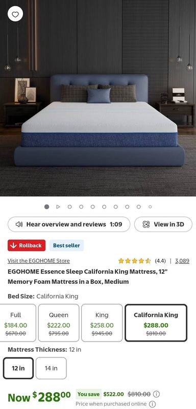$810 EGOHOME 12" CALIFORNIA KING MEMORY FOAM MATTRESS for $288