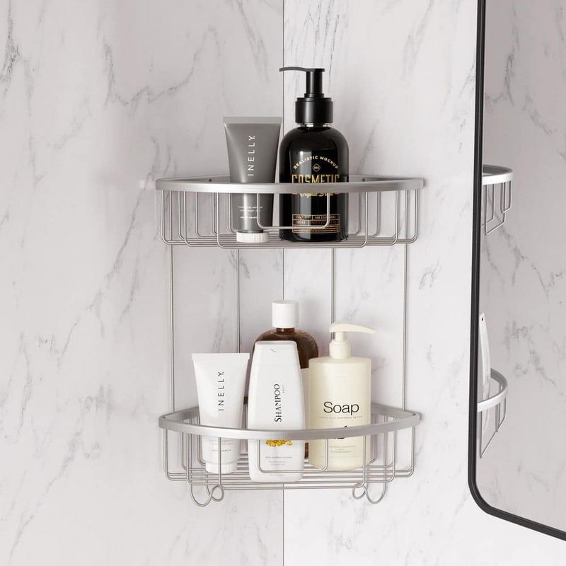 KULLAVIK - Double-Layer Aluminum Alloy Wall-Mounted Shower Corner Rack Corner Storage Rack Triangular Shower Caddy in Matte Silver
