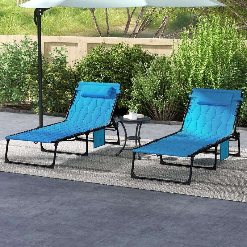 Otryad - Sky Blue Metal Outdoor Chaise Lounge with 5-level Reclining Back, 2-Piece Folding Lounge Tanning Chair with Padded Seat