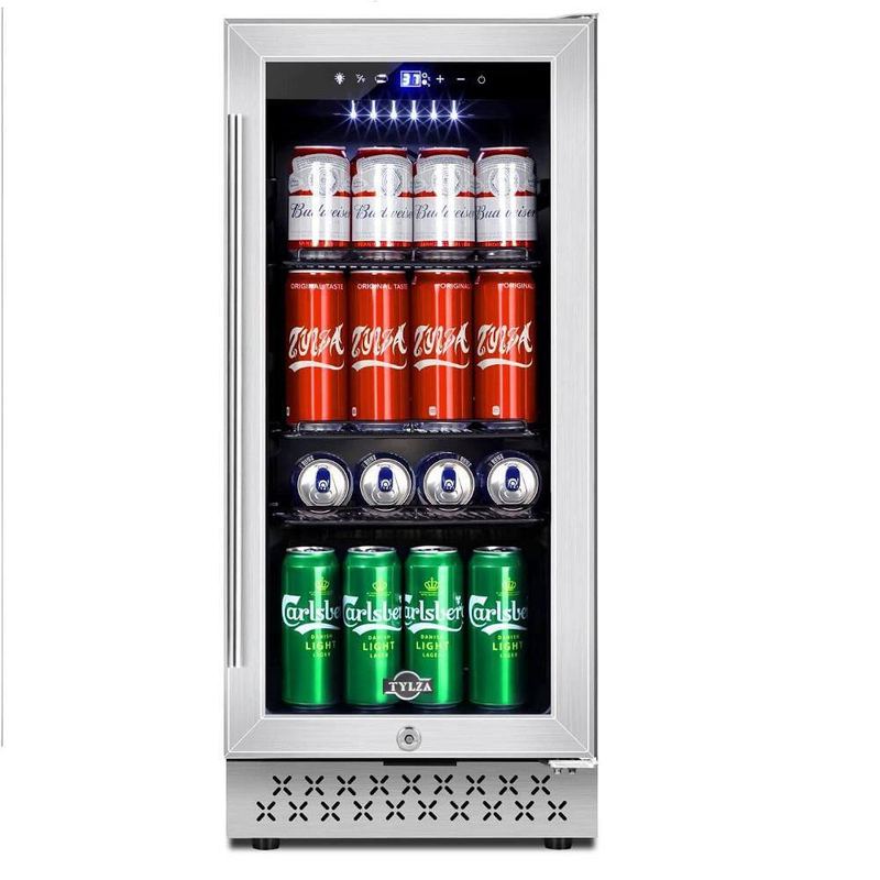 futhork - 15in. single zone 130-Cans Beverage Cooler in Stainless Steel with Glass Door and Lock With Temperature Memory Function