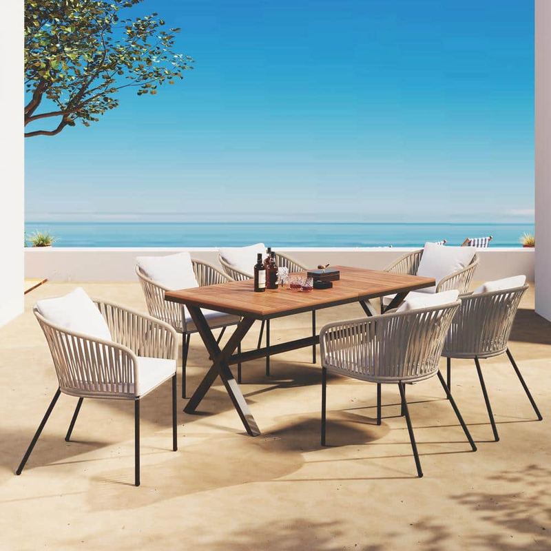 Nestfair - 7-Piece Metal Frame Outdoor Dining Set with Beige Cushion and Acacia Wood Tabletop